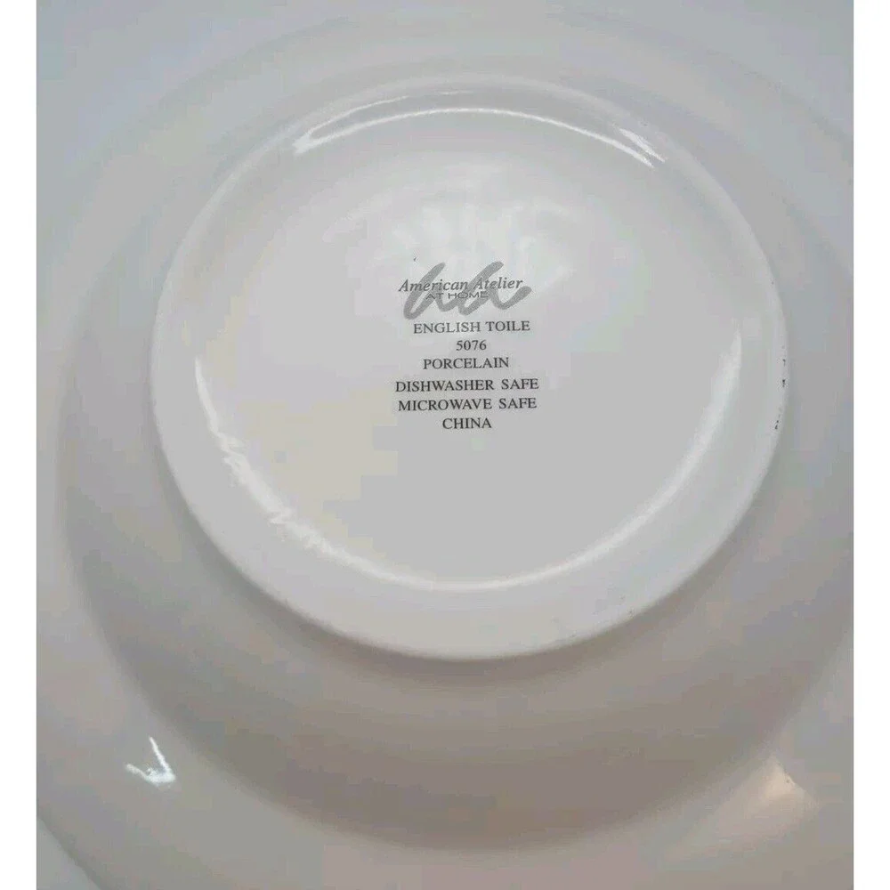 (3) AMERICAN ATELIER English Toile Rimmed Soup Bowls #5076 Porcelain Yellow Blue